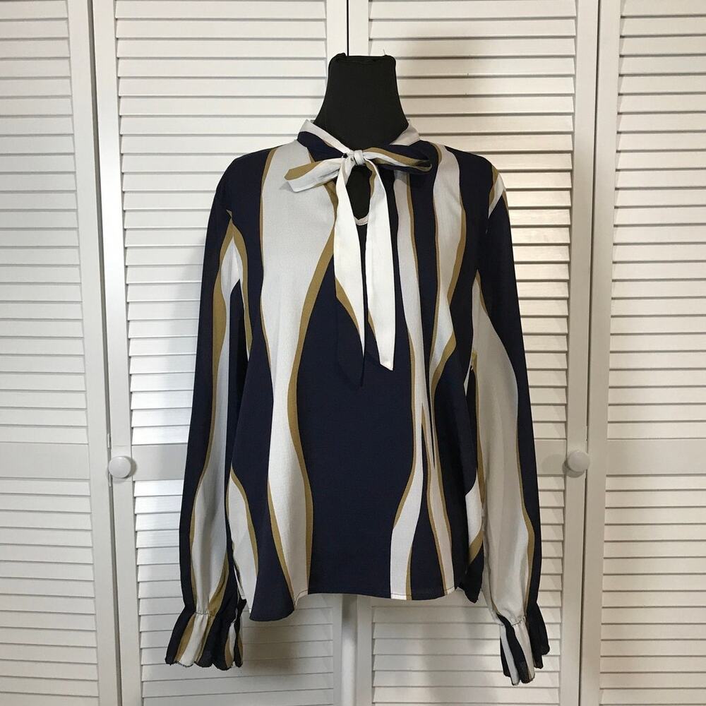 Shein Navy Blue Wavy Striped Tie Neck Long Sleeve Flowy Blouse Women XL